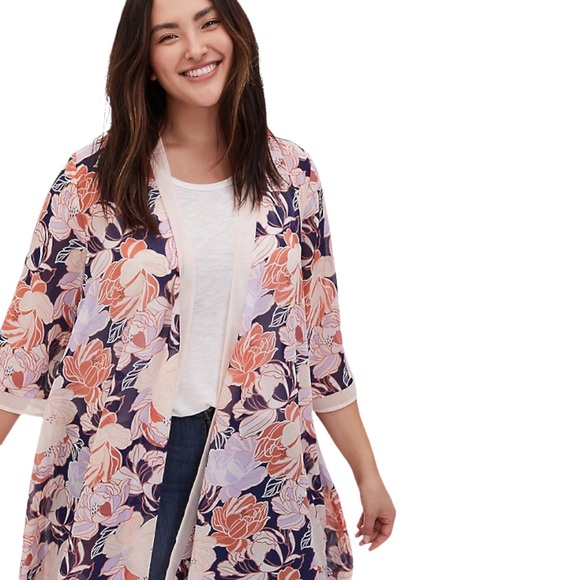 Pre-owned Torrid Peachy Floral Kimono Duster 3 - Picture 2 of 6